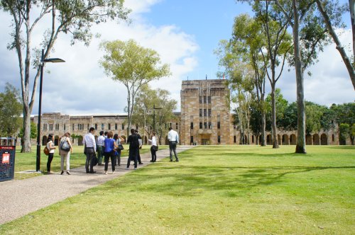 クイーンズランド大学 セントルシアキャンパスのグレートコートを歩く学生たち