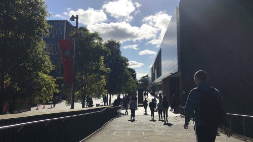 シドニー大学のキャンパス内の通りを歩く学生